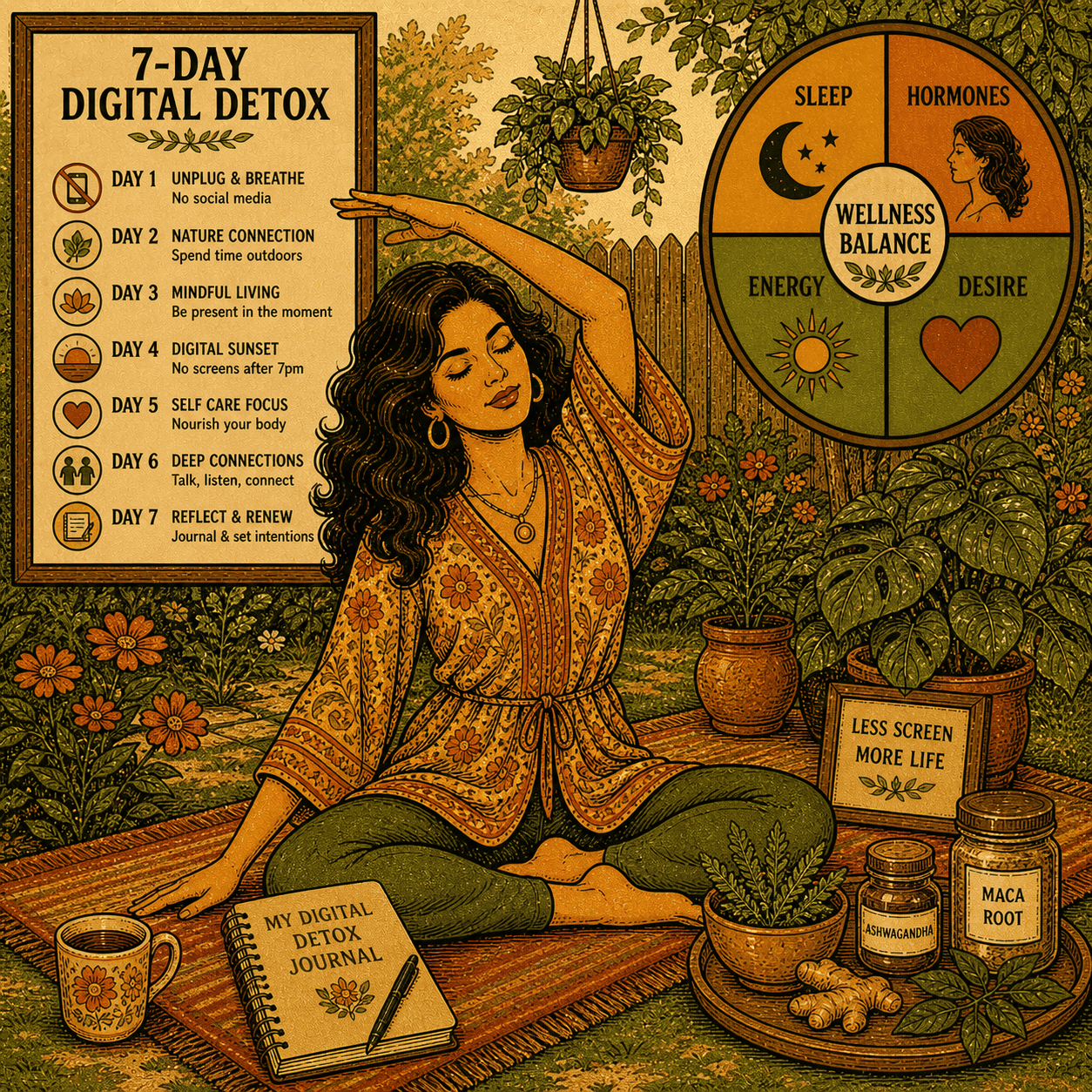 1970s vintage illustration showing woman doing yoga outdoors naturally restoring hormonal balance pelvic health and female sexual wellness through digital detox