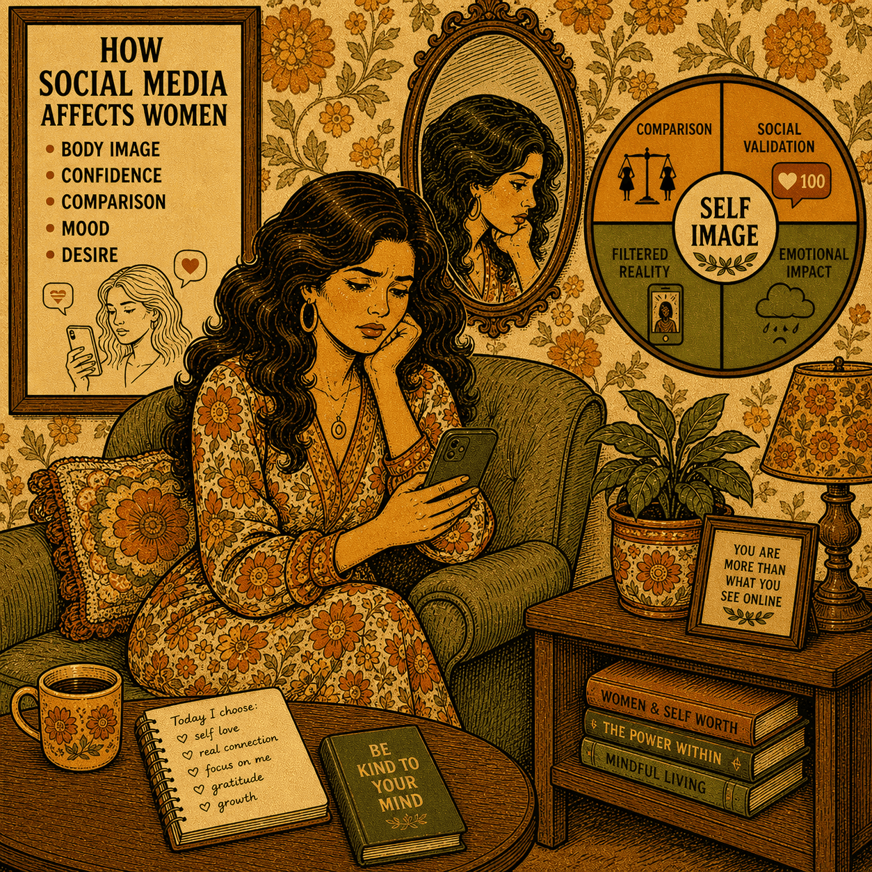 1970s vintage illustration showing woman scrolling social media affecting body image confidence and female sexual wellness and self esteem naturally